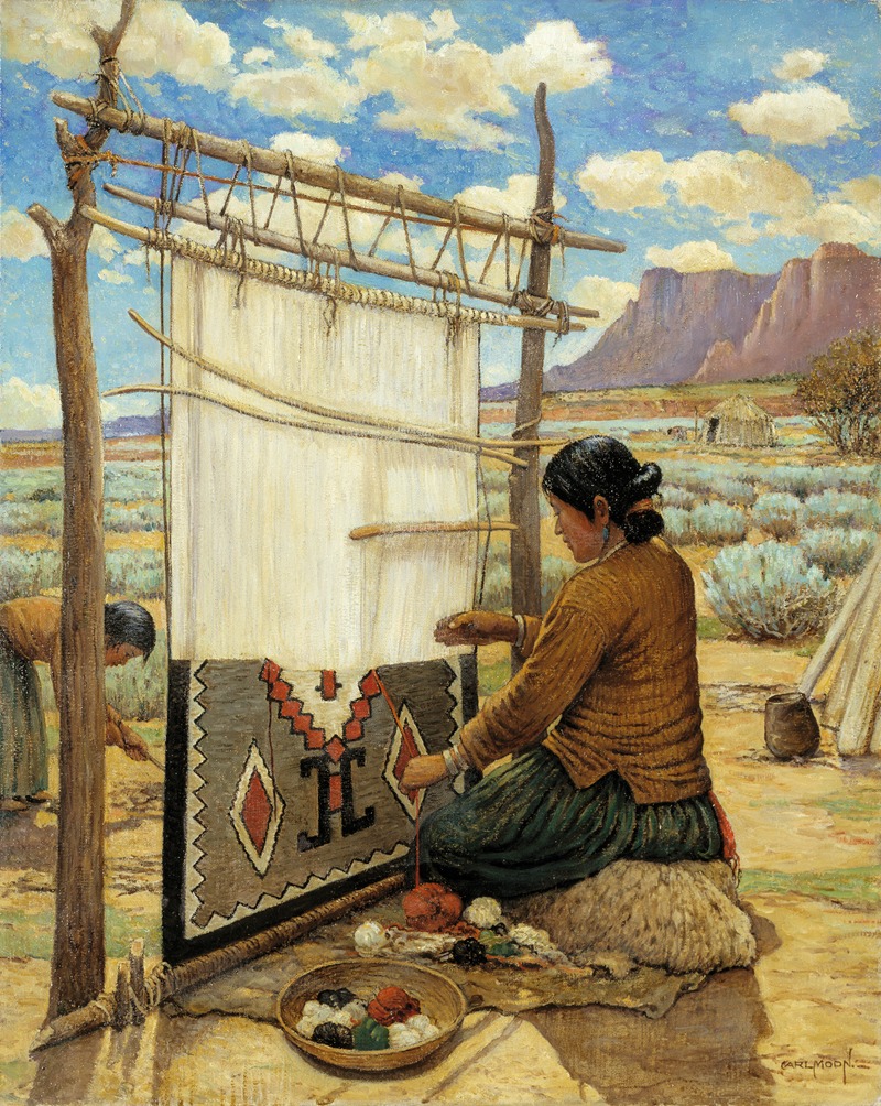 Oil painting titled "Navajo Weaver" by Carl Moon, circa 1937–1943. A Diné woman sits outdoors at a large upright loom, working geometric red, black, and white patterns into a rug. Balls of colored yarn rest in a basket at her feet. A mesa and open desert landscape extend into the background. A second figure works in the left background. Collection of the Smithsonian American Art Museum.