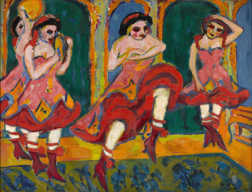 Expressionist painting depicting four women in vibrant red dresses and high boots dancing energetically in a cabaret-style setting. The background features bold, contrasting colors with abstracted arches and green panels, emphasizing motion and rhythm through dynamic brushstrokes and vivid hues.