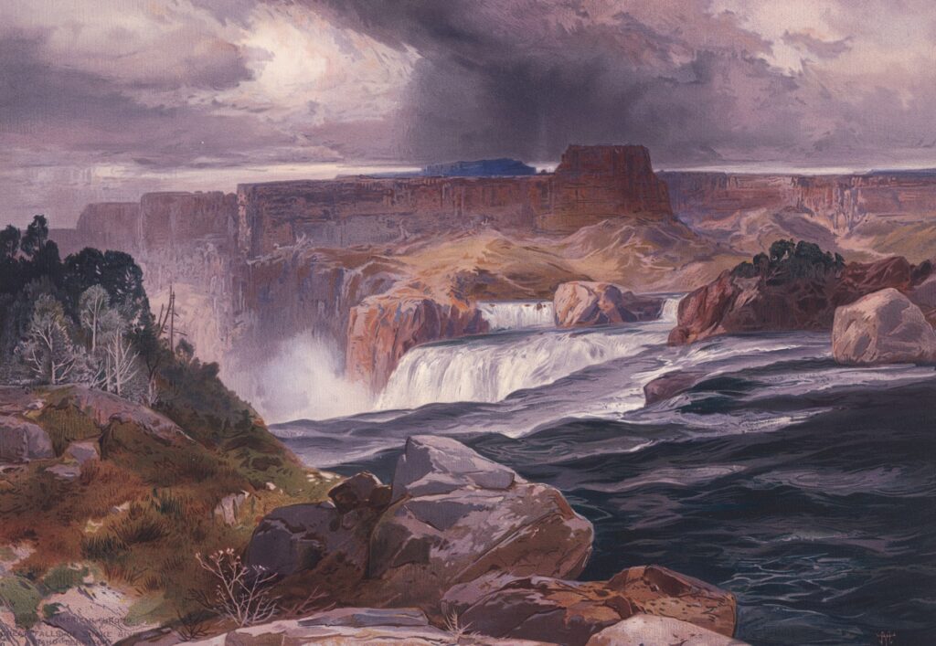 An oil painting of the Great Falls of Snake River, with dry desert cliffs and desert shrubs surrounding a raging river with the tops of waterfalls being exposed and heavy cloud cover.