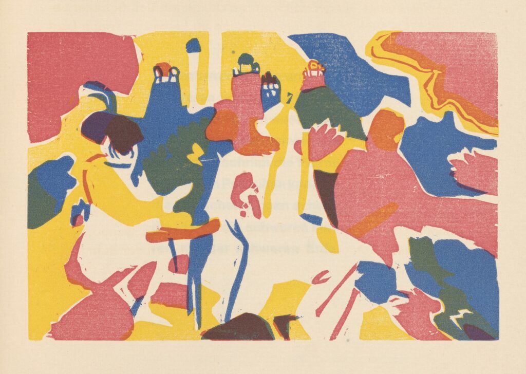 Abstract print featuring vibrant blocks of red, blue, yellow, and green colors, arranged in organic shapes and loose silhouettes, suggesting figures and landscapes in a lively, expressive style.
