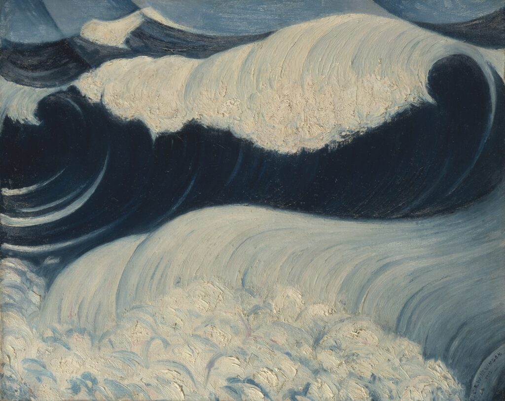 Stylized painting of powerful ocean waves rendered in deep blues and textured whites. The composition emphasizes swirling, rhythmic motion with thick brushstrokes, capturing the dynamic energy and cresting forms of sea surf under a muted sky.
