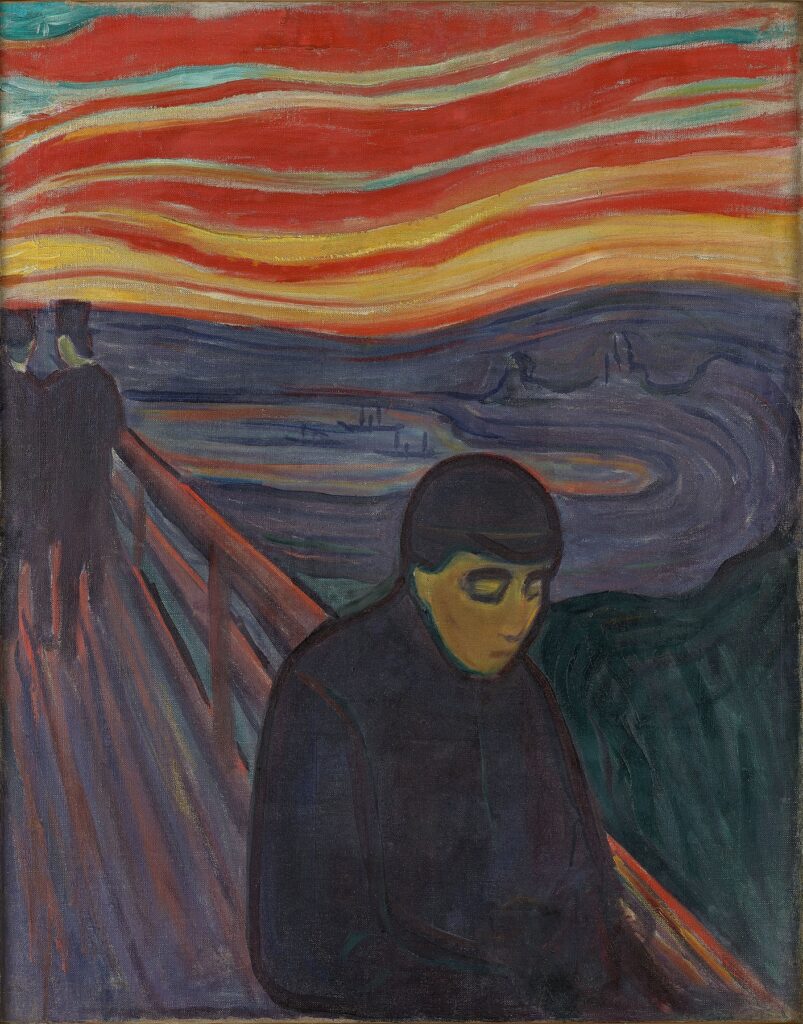 A moody expressionist painting showing a lone figure in dark clothing leaning against a wooden railing on a bridge, head bowed and shoulders hunched. Behind them two shadowy silhouettes walk away along the same railing. Beyond the bridge a churning, wave-like sea stretches to distant hills, and above it a fiery red and orange sky ripples with bands of yellow and green.