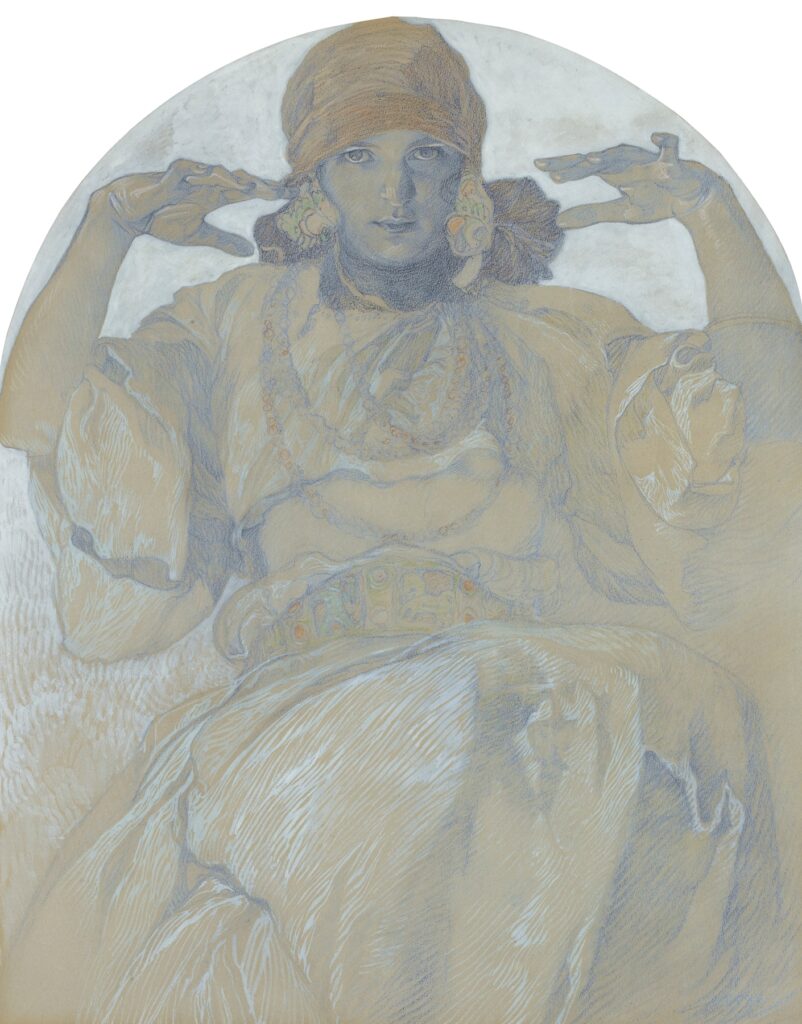 A pastel drawing of a seated woman in flowing, earth-toned robes and a headscarf, wearing large earrings, layered necklaces and a decorative belt, gazing at the viewer as she raises both hands beside her head beneath a soft semicircular arch.