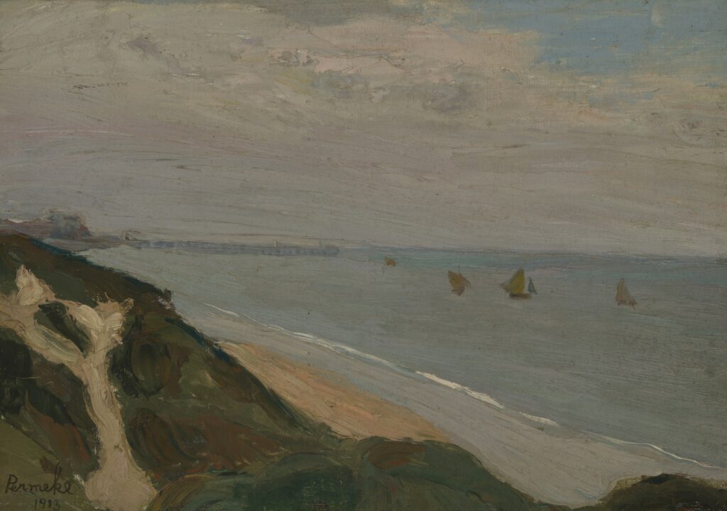 A loosely rendered coastal vista seen from atop a grassy bluff: a slope of dark green vegetation and pale sand falls to a narrow beach at left, while a calm, grey-blue sea dotted with five small sailboats stretches under a broad, cloudy sky; a low headland fades into the distance on the horizon.