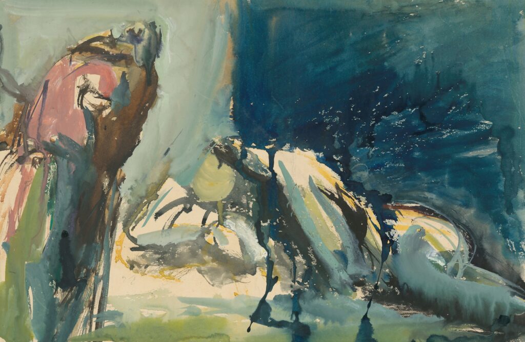 An abstract painting with loose, expressive brushstrokes in deep blues, teal, pale green, ochre, and soft pink. The composition suggests organic, flowing forms without clear figures, with layered paint, drips, and textured marks creating a sense of movement and emotional intensity.