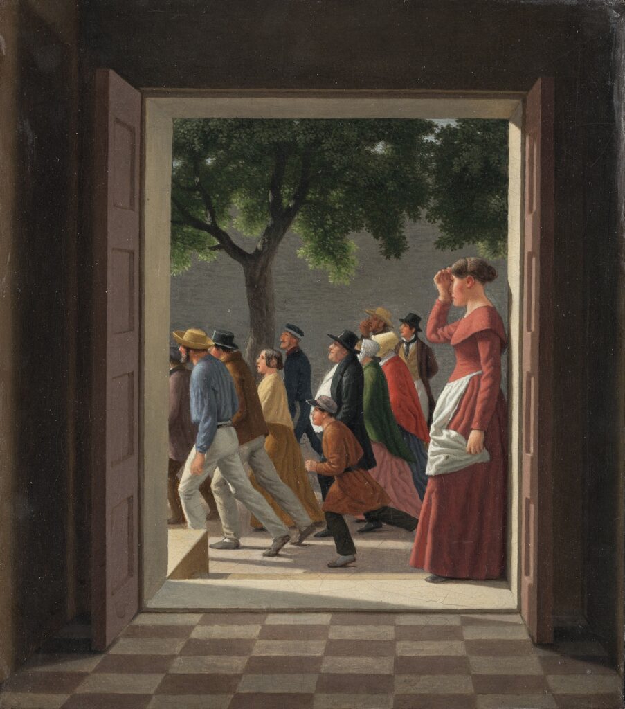A realist painting viewed from inside a dark room, looking out through an open doorway. Outside, a group of townspeople, men, women, and a child, walk past in a line beneath leafy trees. At the right edge of the doorway, a woman in a red dress pauses, shielding her eyes as she looks outward. The scene emphasizes contrast between the shadowed interior and the bright outdoor procession.