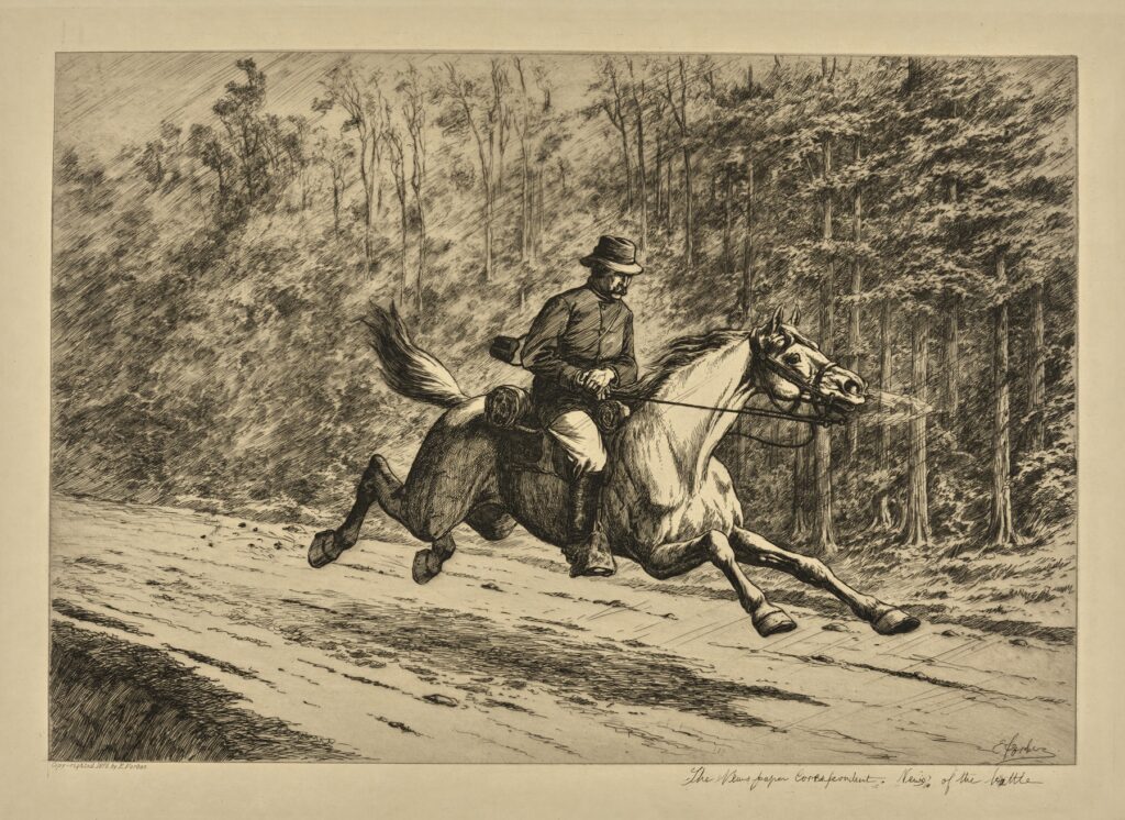 A detailed black-and-white illustration of a man riding a galloping horse along a dirt road through a forest. The rider leans forward in the saddle, gripping the reins as the horse stretches its legs in full stride. Tall trees line the road, and dense crosshatching emphasizes motion, speed, and urgency in the scene.