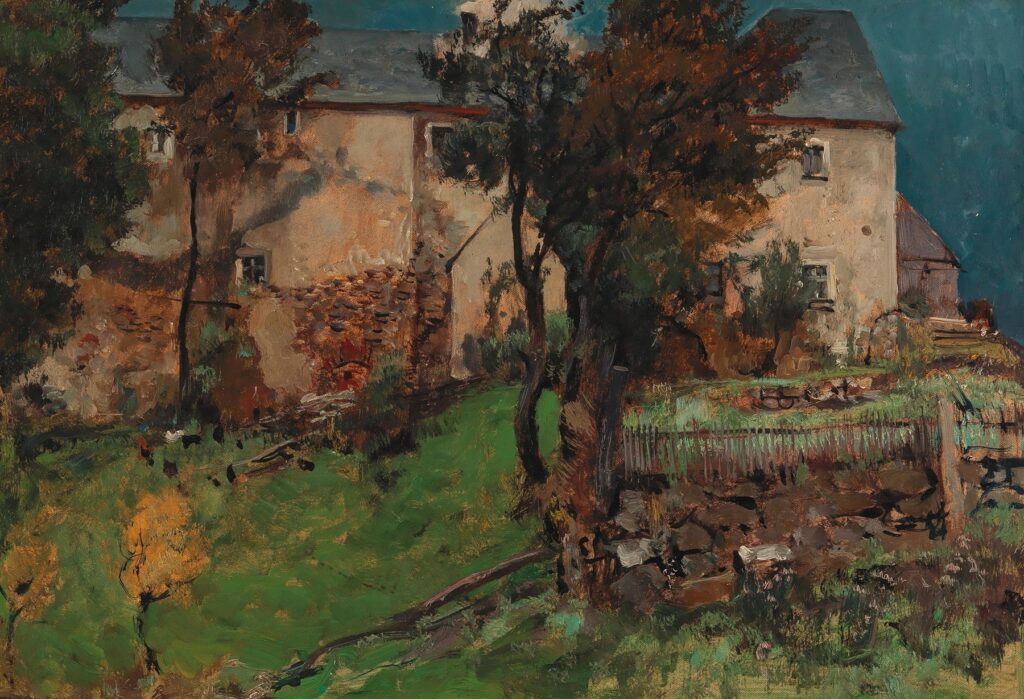 Alt text: The artwork 'Der alte Hof (n. d. N. Windisch-Eschenbach)' by Eugen Bracht features a rustic agricultural scene under a moody, dark sky. A weathered farmhouse stands at the center, with textured walls and a slightly sloping roof, flanked by gnarled trees that add depth and contrast. The foreground is vibrant with lush green grass and patches of earth, showcasing the artist's expressive brushwork. To the left, a small yellow tree adds a pop of color, while a stone wall delineates the property. The overall composition balances structure and nature, inviting the viewer into a serene yet dramatic depiction of rural life. Shadows and highlights accentuate the natural forms, enhancing the atmosphere of quiet nostalgia.