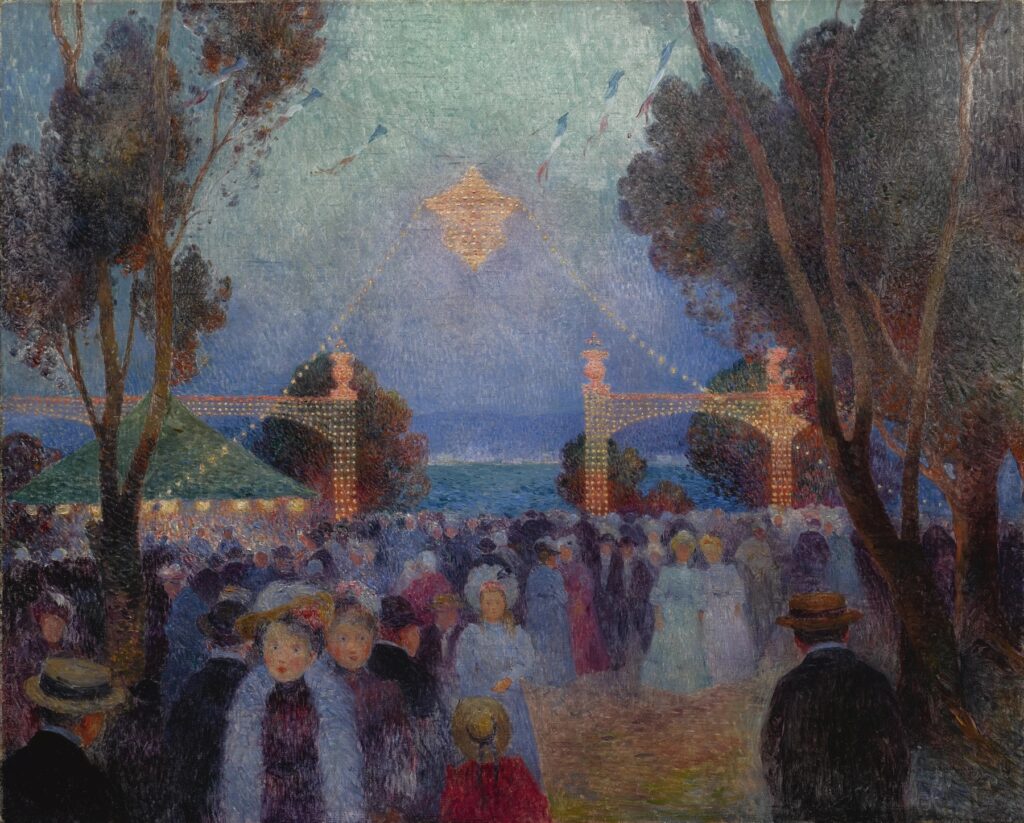 The painting "14 Juillet, fête forain" by Ferdinand du Puigaudeau captures a vibrant outdoor festival scene during the celebration of Bastille Day. The foreground teems with figures, both adults and children, dressed in period attire, creating a lively sense of movement. The crowd is densely packed, with visible interactions, laughter, and lively chatter. In the background, a striking illuminated archway adorned with shimmering lights draws the eye towards the sea, bathed in soft twilight hues. A colorful array of kites flutters in the sky, adding a playful energy to the composition. The use of expressive brushstrokes and a palette of blues, greens, and pops of warmer colors contributes to the festive atmosphere. Tall trees frame the scene, enhancing the sense of depth and enclosure, while the overall impression is one of joyous celebration, communal spirit, and the beauty of summer evenings. The artwork masterfully blends light and shadow, creating a captivating contrast and inviting viewers to immerse themselves in the lively ambiance of the fair.