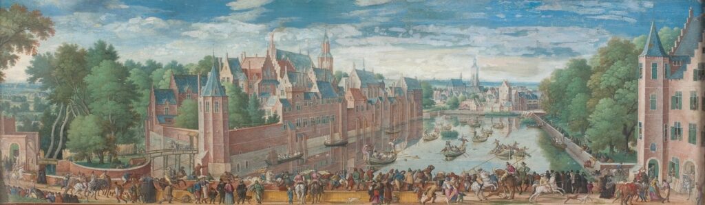 Alt text: This artwork, 'The Goose Game’ on the Vijvar at the Hague' by Hans Bol, depicts a lively riverside scene set in the Hague during the 16th century. The foreground showcases numerous people engaging in a traditional goose game, where competitors attempt to catch a goose tied to a post. Colorful costumes add vibrancy as men and women, including children, participate in the festivities. In the background, an expansive view reveals grand architecture with distinct gabled roofs and multiple chimneys, suggesting a prosperous city. The bright blue sky is dotted with fluffy white clouds, casting a joyful ambiance over the scene. A tranquil river reflects the surrounding buildings and trees, while boats glide gracefully along the water. The composition balances human activity with serene natural elements, conveying a sense of community and celebration within an urban landscape. Lush greenery lines the banks, contrasting with the warm tones of the brick buildings. This detailed portrayal captures both the cultural traditions of the time and the scenic beauty of the Hague.