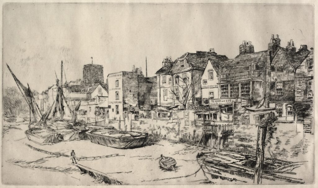 The artwork titled "Adam and Eve Tavern, Old Chelsea" by James Abbott McNeill Whistler depicts a serene riverside scene. In the foreground, several boats with sails are moored along the water’s edge, suggesting a bustling yet tranquil atmosphere. The boat on the left is smaller, while a larger vessel is positioned on the right, both rendered with intricate line work that conveys texture and detail. The background features a row of historical buildings, characterized by their distinct rooftops and windows, creating a sense of architectural charm. The Adam and Eve Tavern stands prominently among the structures, identifiable by its signage, which hints at the establishment's name. The buildings are sketched in fine lines, emphasizing their age and character, with a mix of gabled roofs and chimneys. A castle-like structure can be seen atop a hill in the distance, adding depth to the composition. The sky is lightly shaded, suggesting a soft light that enhances the overall mood of the scene. The etching technique gives the artwork a delicate quality, with careful attention to light and shadow that highlights the reflections in the water, adding a sense of movement and fluidity. Overall, the piece captures a moment in time at this historical location, blending architecture and nature harmoniously.