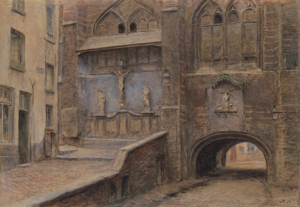 The artwork "Bloedberg" by Léon-Eugène-Auguste Abry depicts a serene urban scene in Antwerp. The composition features a narrow, cobbled alleyway leading into a dimly lit archway. On the left, a weathered building shows muted pastel colors, with delicate windows that reflect a subtle light. The focal point of the piece is a striking stone crucifixion sculpture, set against a textured, brick wall. Flanking the crucifix are two figures, possibly saints, sculpted in a soft, naturalistic style, adding a sense of reverence to the setting. Above, an ornate relief featuring angelic figures is mounted on the wall, enhancing the spiritual ambiance. The color palette comprises warm earth tones, primarily browns and grays, contributing to an overall melancholic yet peaceful atmosphere. The play of light and shadow imbues depth, drawing the viewer's gaze toward the archway and hinting at the mysteries beyond. The artwork captures a moment frozen in time, inviting contemplation of its historical and spiritual significance.