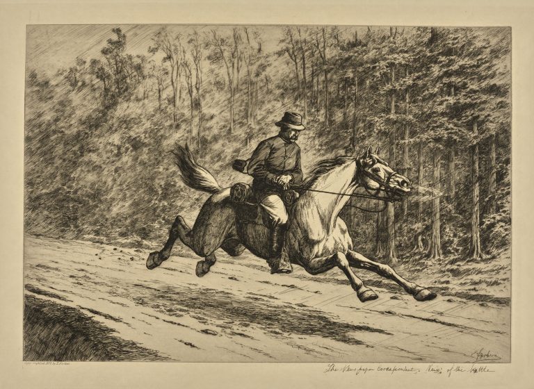 A detailed black-and-white illustration of a man riding a galloping horse along a dirt road through a forest. The rider leans forward in the saddle, gripping the reins as the horse stretches its legs in full stride. Tall trees line the road, and dense crosshatching emphasizes motion, speed, and urgency in the scene.