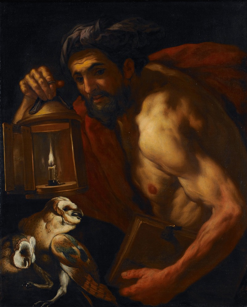 Diogenes, an older bearded man, raises a lit oil lamp above several owls in a dark interior.